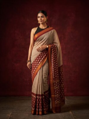 Beige Maroon Hand Block Maheshwari Saree