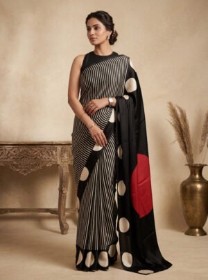 Black White Striped Modal Silk Saree