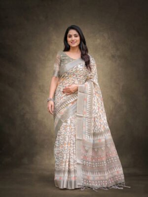 Cream Grey Geometric Printed Linen Saree