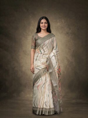 Cream Olive Chevron Printed Linen Saree