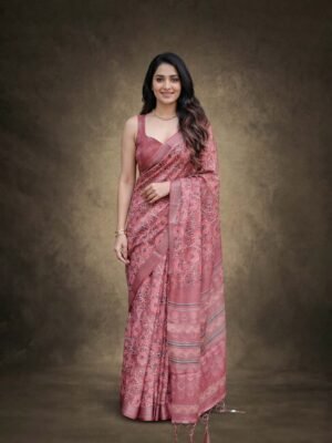 Dusty Rose Floral Linen Saree