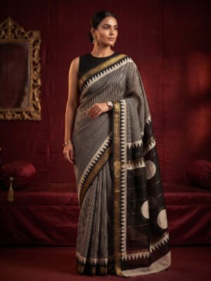 Black White Hand Block Maheshwari Saree