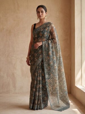 Aranya Grey Hand Block Kota Doria Saree