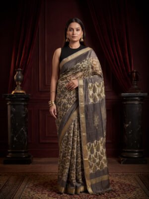 Grey Hand Block Printed Maheshwari Saree