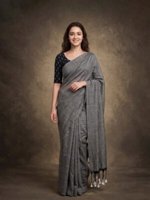 Grey Plain Khadi Saree