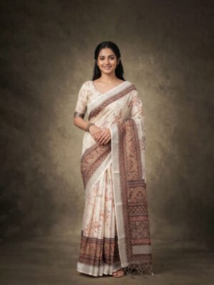 Ivory Brown Floral Printed Linen Saree