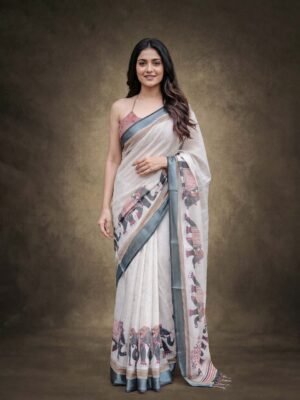 Ivory Elephant Print Linen Saree