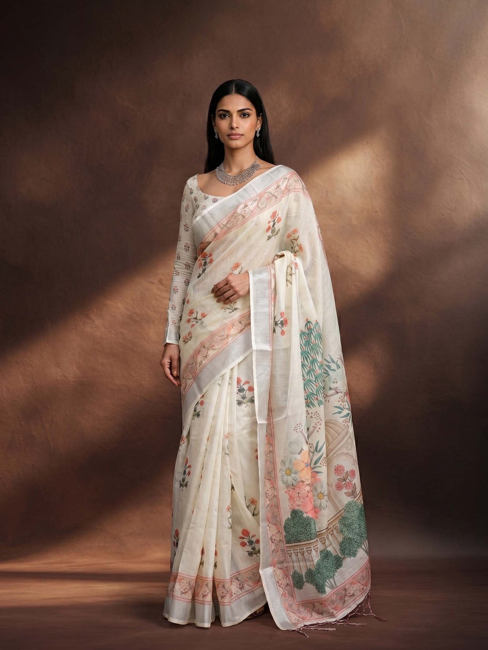Ivory Scenic Floral Print Linen Saree