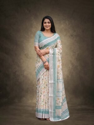 Ivory Teal Floral Print Linen Saree
