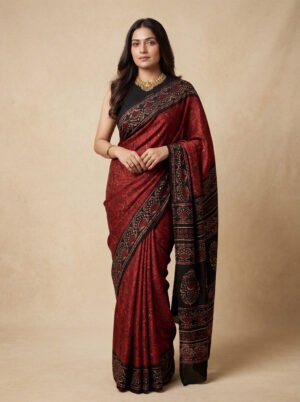 Maroon Hand Block Modal Silk Saree