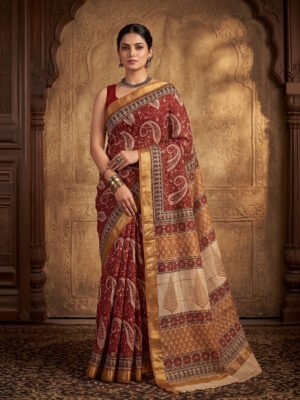 Kalyani Maroon Hand Block Printed Maheshwari Saree