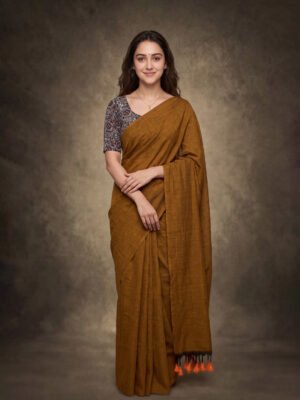 Mustard Brown Khadi Saree