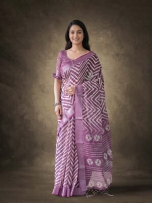 Kashish Plum Purple Zigzag Printed Linen Saree