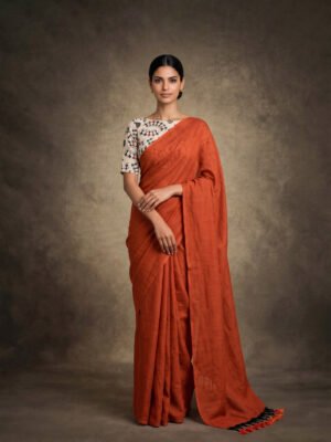 Rust Plain Khadi Saree