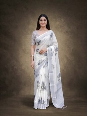 White Dusty Blue Floral Linen Saree