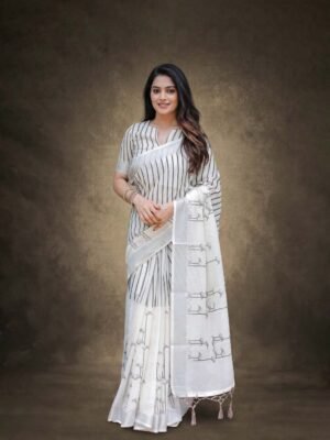 White Grey Striped Printed Linen Saree