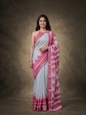 White Pink Bold Geometric Linen Saree