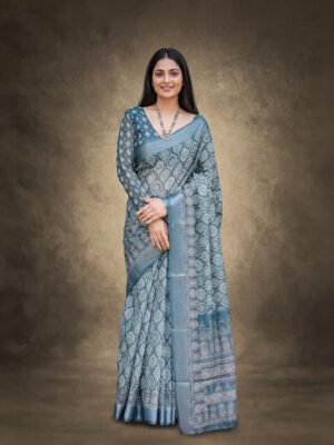 Dusty Blue Printed Linen Saree