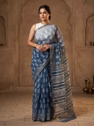 Indigo Blue Printed Kota Doria Saree