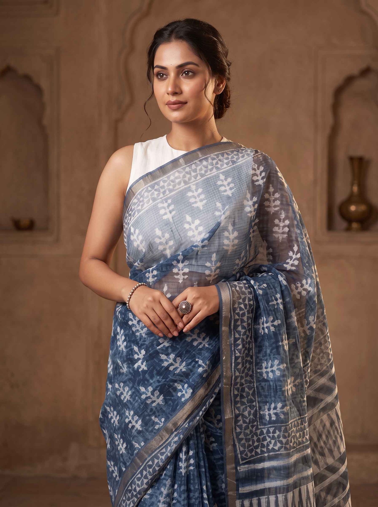 Ira Indigo Blue Printed Kota Doria Saree - Image 2