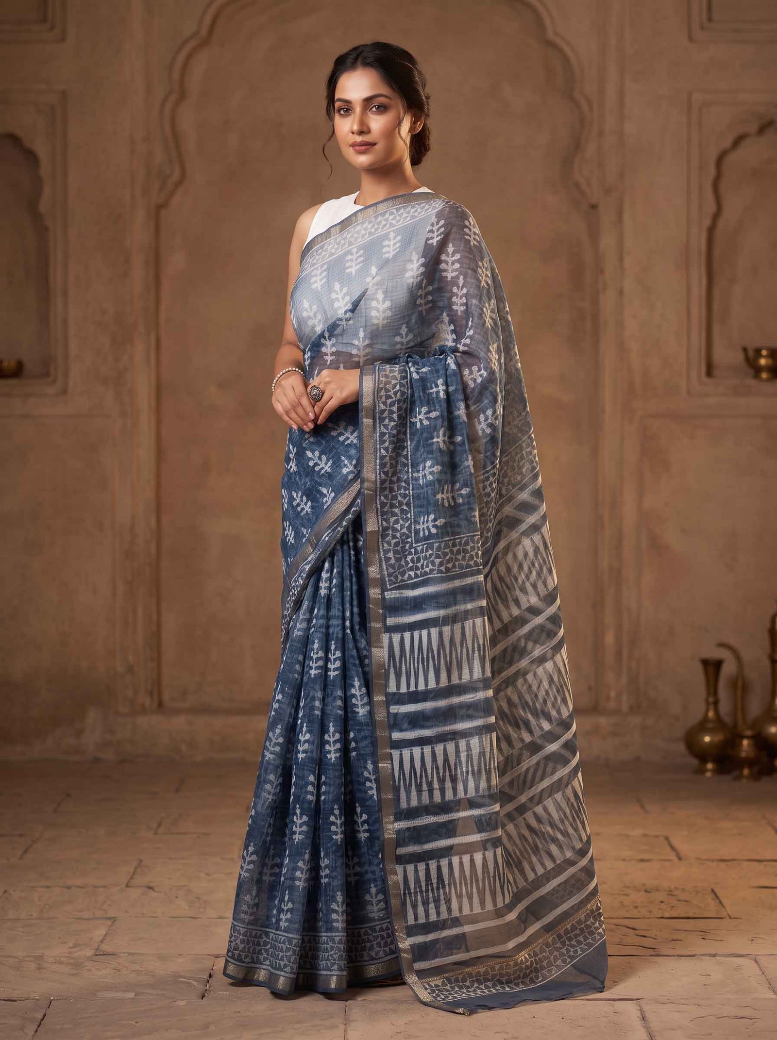 Ira Indigo Blue Printed Kota Doria Saree - Image 3