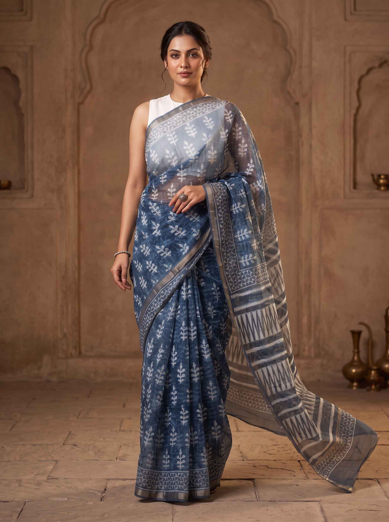 Ira Indigo Blue Printed Kota Doria Saree - Image 5